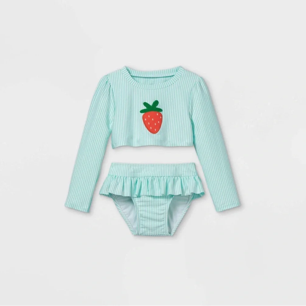 Cat & Jack Girls Long‎ Sleeve Striped Strawberry Two Piece Swimsuit Blue 18 M
